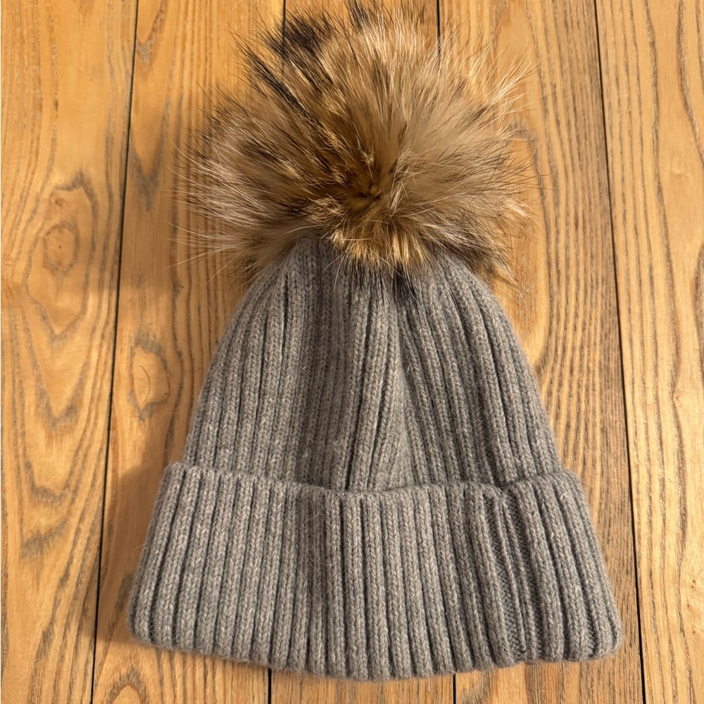 Gray mohair wool hat with fur Pom Pom